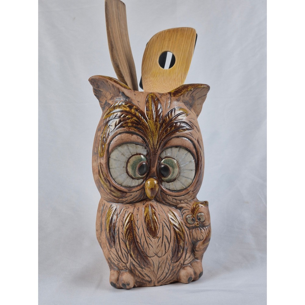 Vintage USA Owl Utensil Holder Cross Eyed Baby Owl Ceramic Kitchen Crock 2051‎